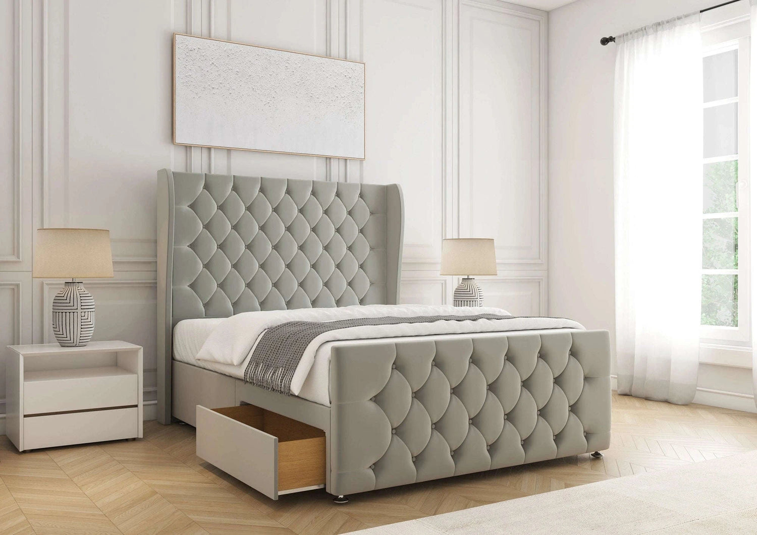 Anna Storage Divan Bed with Drawers – Silver Plush Bsspoke