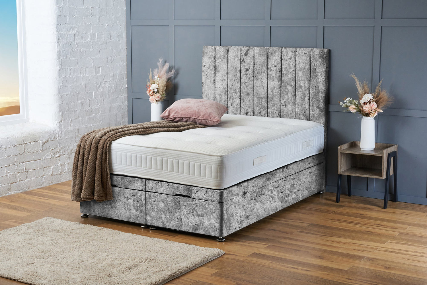 Aria Divan Ottoman Grey Crushed Velvet