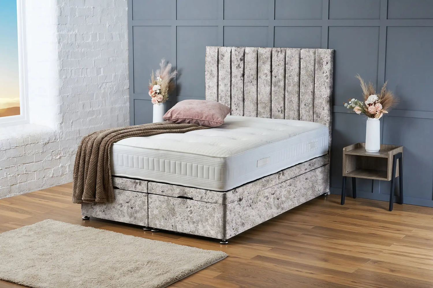 Aria Divan Ottoman Silver Crushed Velvet