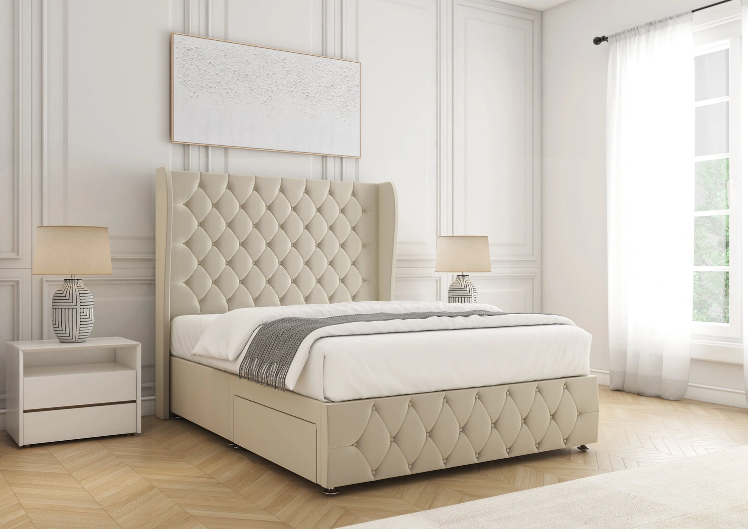 Faye Divan Bed with 2 Drawers – Cream Plush