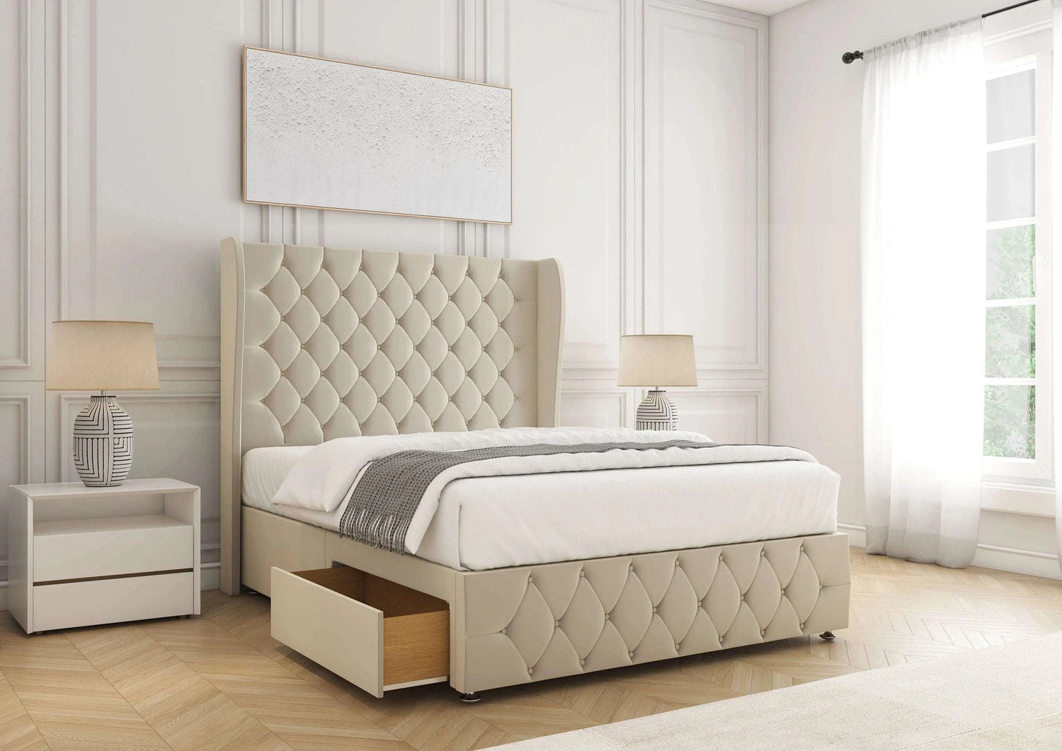 Faye Divan Bed with 2 Drawers – Cream Plush Bsspoke