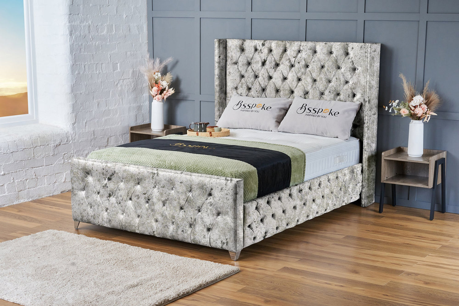 Mayfair Bed Frame Silver Crushed Velvet