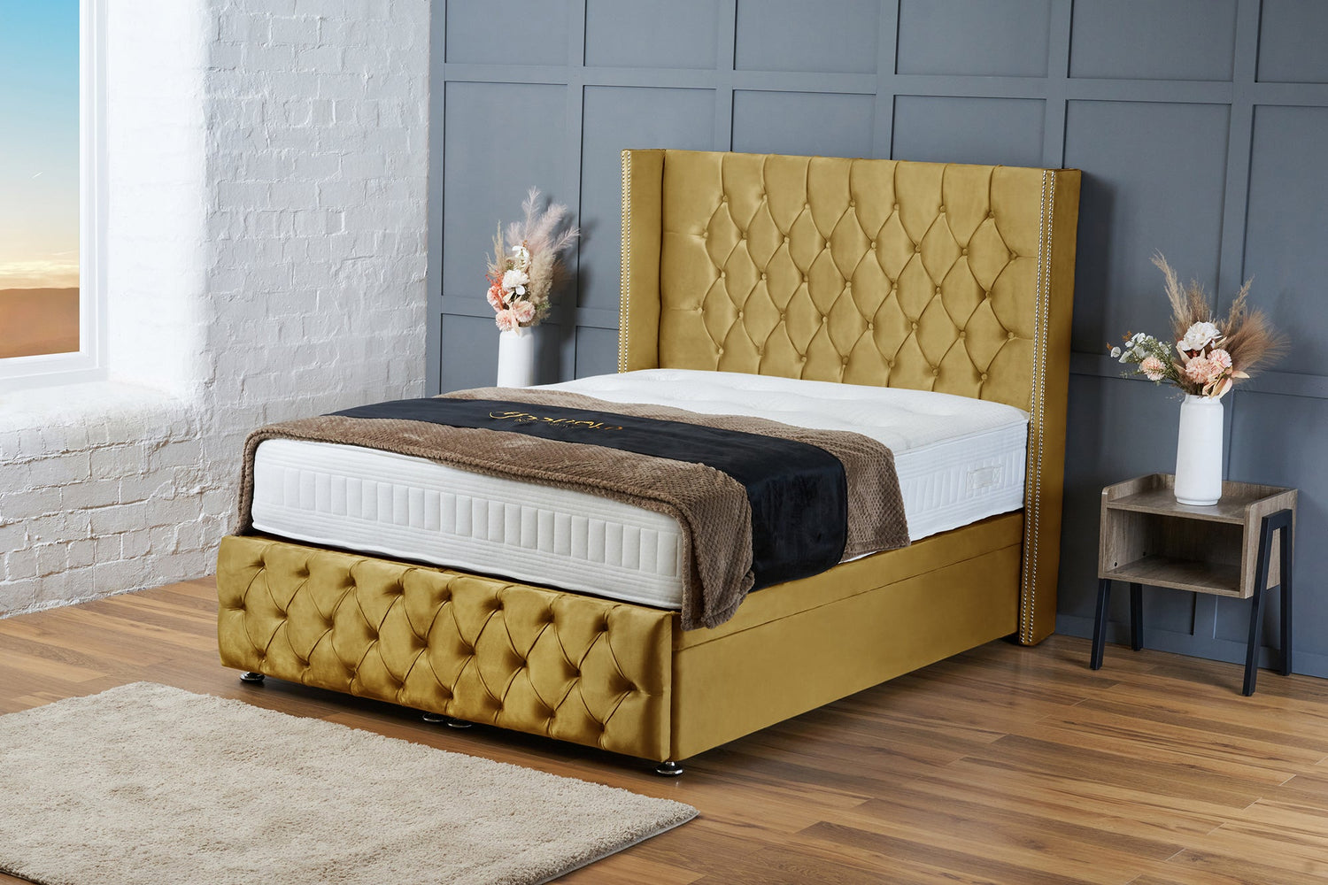 Mayfair Luxury Ottoman Storage Bed Including Headboard – Made to Order – Mustard Plush