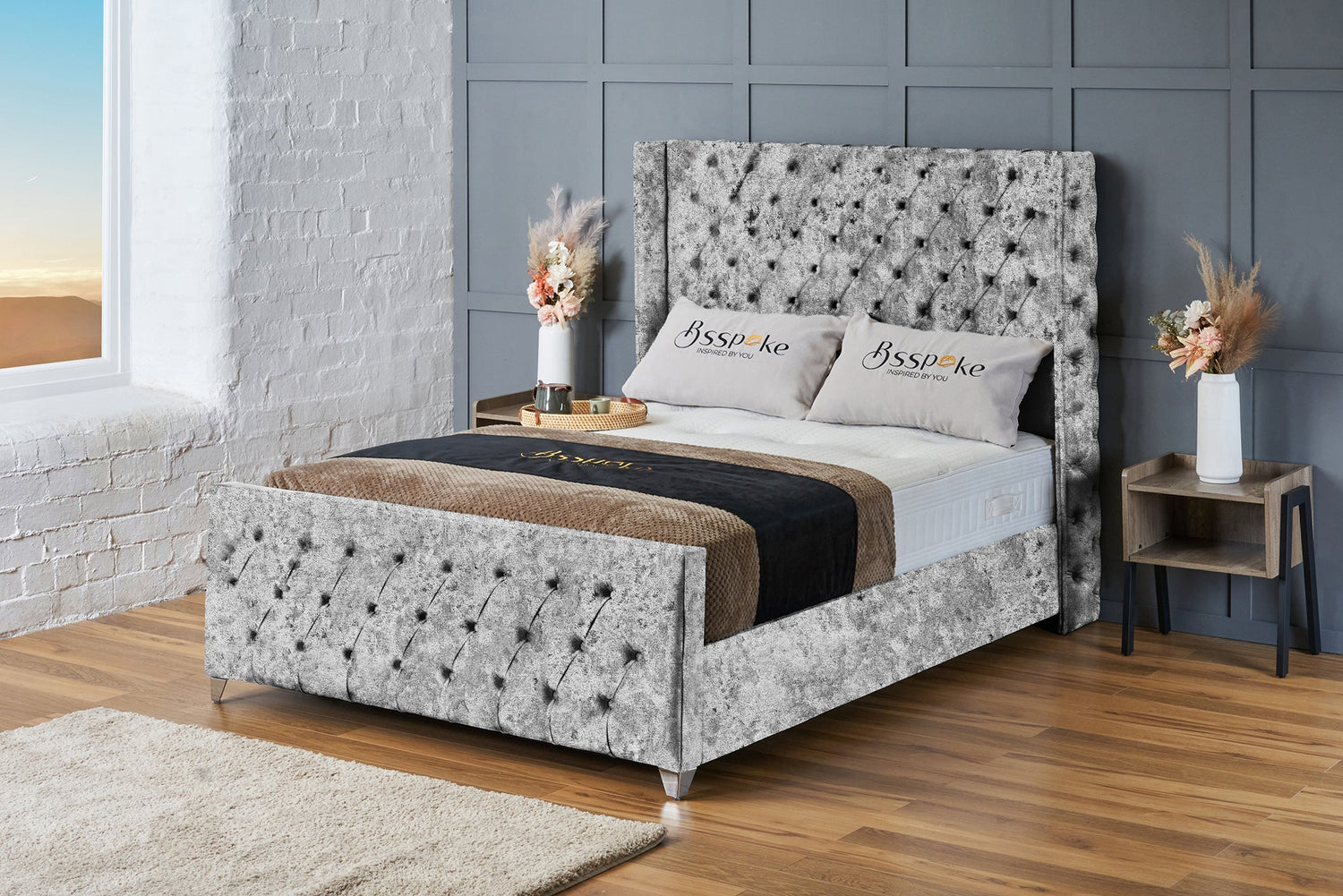 Ruby Bed Frame Grey Crushed Velvet