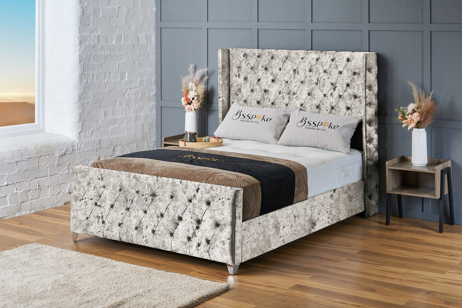 Ruby Bed Frame Silver Crushed Velvet